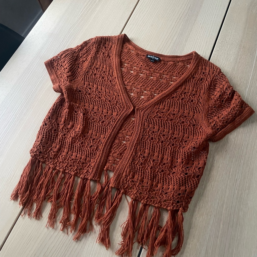 Onyx Rust Crochet Fringe Cardigan medium, Cottagecore crochet cardigan medium
